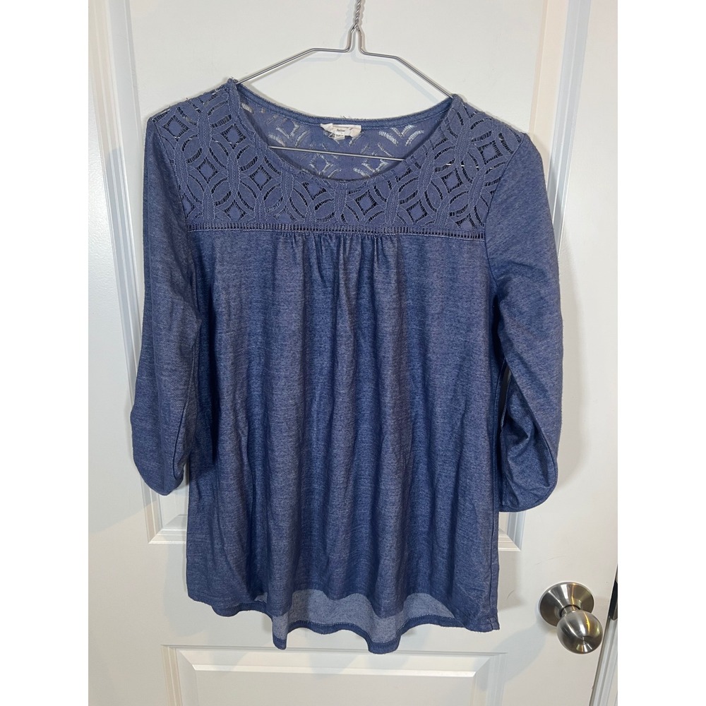 Siren Lily Womens Blouse Lace Yoke Roll Tab Sleeve Blue Petite Large
